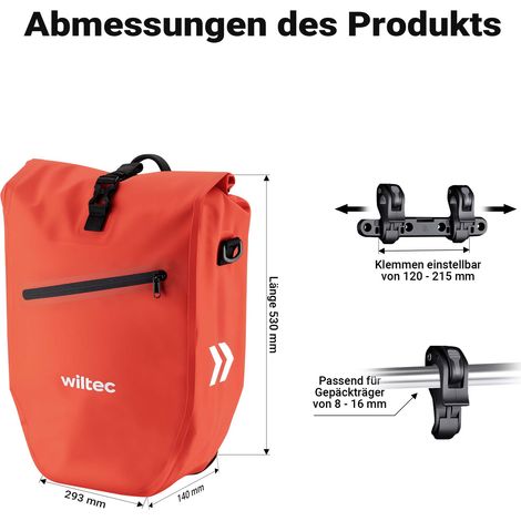 Wiltec Gepäckträgertasche rot, Fahrradtasche Gepäckträger 20 l Stauraum, Gepäcktasche mit Tragegurt, wasserresistente Fahrrad Tasche mit Reflektoren