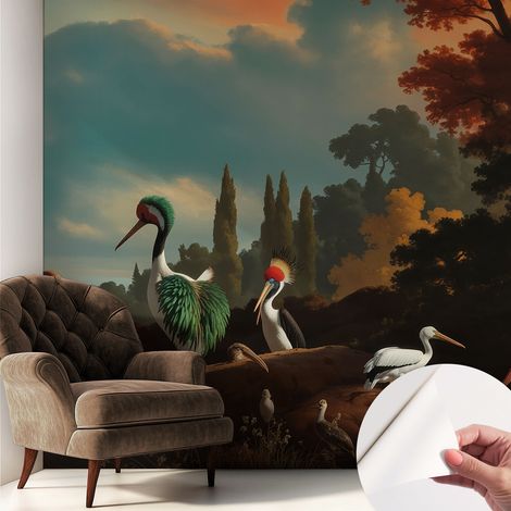 Papier peint adhésif décoratif avec colle pour salon chambre et bureau Installation rapide Oiseaux pittoresques 250x250 cm (1/5)