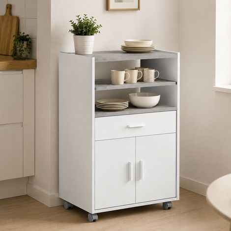 Dmora Mueble auxiliar para cocina con ruedas, una balda extraíble, un cajón y dos puertas, color blanco, 59 x 92 x 40 cm., con embalaje reforzado