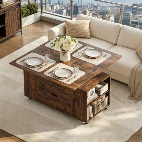 Table basse roulante, table repas compacte, table de salon surélevée à roulettes freinables, table d'appoint, bureau (livré avec 1 seul plateau) (1/5)