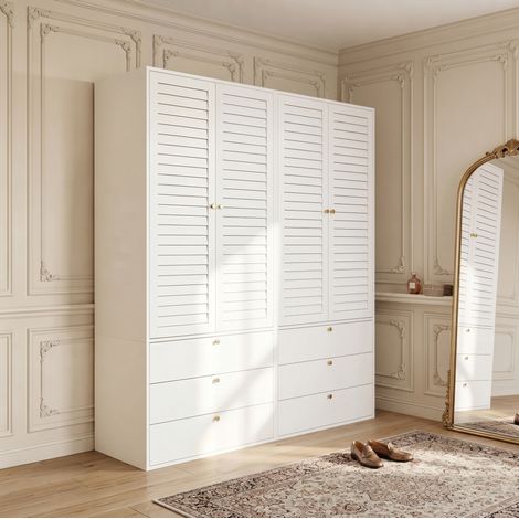 MODFU – Armadio 180x50x200 cm con 4 ante a lamelle, 6 cassetti e 2 appendiabiti – Bianco (1/5)