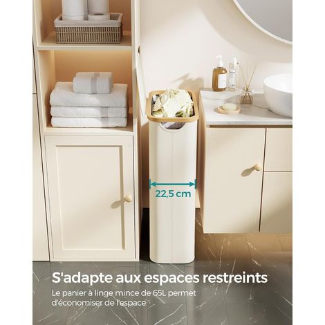 Cesto portabiancheria ultrasottile con coperchio per risparmiare spazio, fodera in rete rimovibile, tessuto Oxford, manico in bambù, pieghevole, 40,5 33 75 cm, bianco crema (1/4)