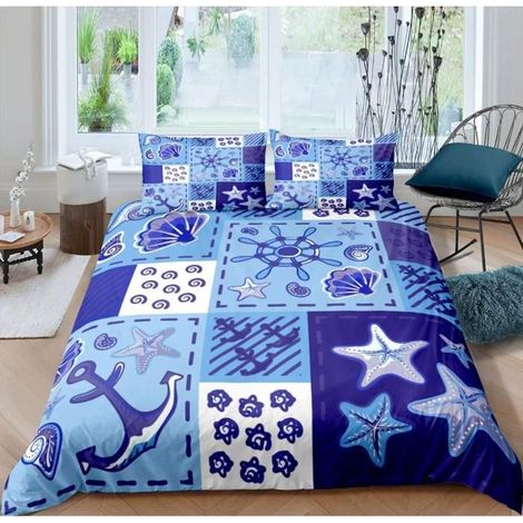 Anchor Parure de Lit 140x200cm Thème Nautique Housse de Couette Dessin animé Starfish Sets de Housse de Couette Blue Ocean - IR5 (1/4)