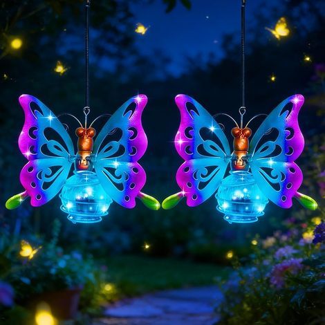 2-Piece Solar Lamp, Decorative Butterfly Design, IP44 Waterproof, Metal and Glass, Garden, Yard, Patio (1/5)