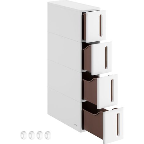 Étagère de Rangement à Roulettes pour Petits Espaces, Chariot Roulant avec 4 Tiroirs, Largeur 17,3 cm, Fin, Salle de Bain, Cuisine, Plastique PP, 45,2 x 17,3 x 84 cm, Blanc et Marron KFR08WT (1/5)