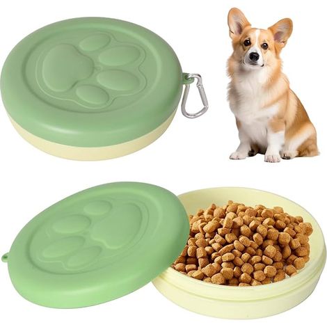 Gamelles de Voyage pour Chien et Chat, Bols d’Eau Portables avec Couvercle et Crochets, Voyage Bols en Plastique, Gobelets de Nourriture pour Marche Randonnée Camping (380ml, 1 Pièce) (Vert)
