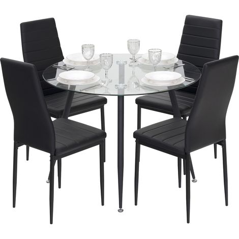 Conjunto de Mesa Corin con 4 Sillas Shirley Ø100x75 cm, Estructura Metálica Negra y Tapa de Vidrio Templado MOG Casa