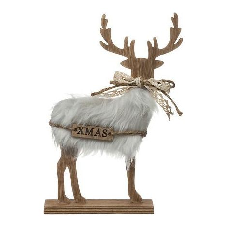 Figura de RENO CON PIEL de 21,5 cm, inscripción NAVIDAD DE MADERA