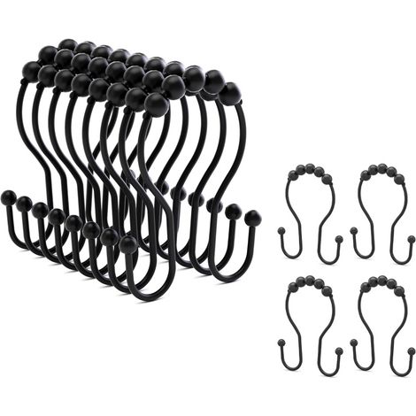 Crochets de rideau de douche, anneaux de rideau de douche, crochets doubles, 12 pièces (noir) (1/5)