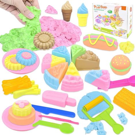 Kit Sable Magique 750g avec Bac Sable,Moules Gateaux,Hamburgers et Glaces,Jouets pour Jouer avec du sable a l'Interieur avec Accessoires et Outils,Cadeau pour Enfants 3+ Ans,Filles et Garcons (1/5)
