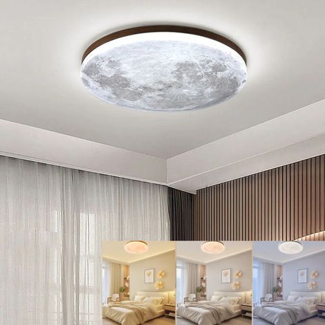 Plafonnier rond LED en forme de lune, style nordique, idéal pour les chambres et les cuisines (26 cm, lumière tricolore)