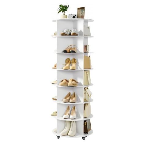Zapatero para 28 Pares de Zapatos, 7 Estantes y 4 Compartimentos, Giratorio 360°, con Ruedas Móviles, Ideal para Dormitorio, Sala de Estar o Recibidor Color Blanco, 598 x 598 x 1670 mm. (1/5)