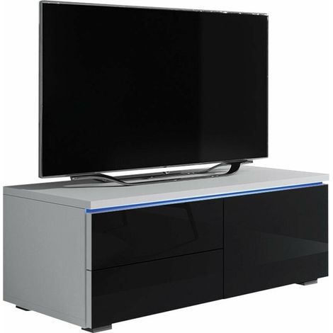 Mueble TV Uva VI, Blanco + Negro brillante, Número de puertas: 1, Número de cajones: 2, 100x35x45cm, LED