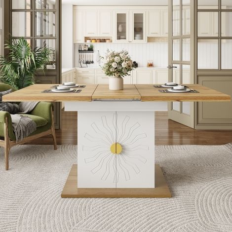 Table extensible, placage bois, motif soleil, 110-140x70x76 cm (1/5)