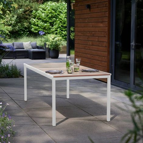 Dmora - Gartentisch Arbarei, Picknickbasis, Garten-Esstisch, Mehrzweck-Außenbank, 200x95 h75 cm, Eiche und Weiß (1/5)