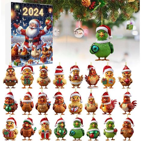 Calendario dell'Avvento 2024 - Calendario dell'Avvento 2D con cappello di Babbo Natale - Decorazione da appendere per interni per feste di Natale - Design a forma di pollo - 24 giorni