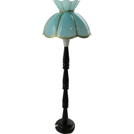 Lampadaire électrique 12 V pour maison de poupée, abat-jour bleu clair et or