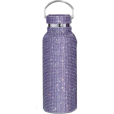 Bouteille d'eau isotherme en acier inoxydable ornée de strass, 100 % neuve, violette. (1/5)