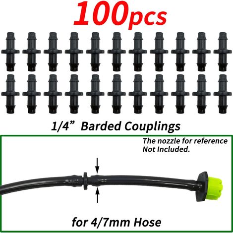 (A-100PCS-1/4'') Raccord cannelé 1/4'' pour tuyau d'arrosage 4/7 mm, micro-débit, arrosage goutte à goutte, connecteurs droits (1/5)