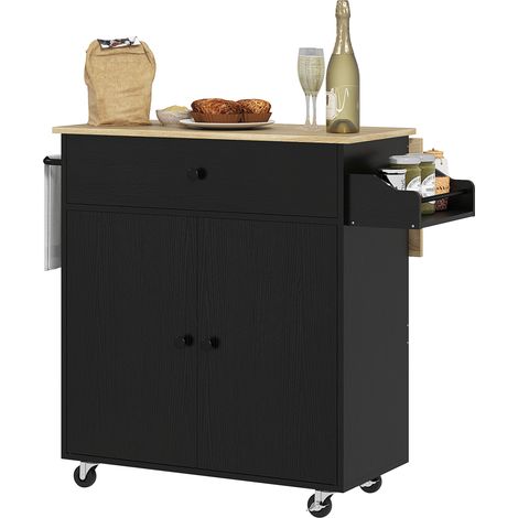 Îlot de cuisine avec abattant, 2 portes, tiroir, porte-épices, porte-serviettes et étagère réglable, 106 x 42 x 87 cm, noir et chêne (1/5)