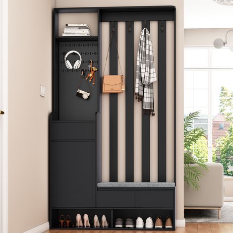 Vestiaire d'entrée 100x35x180 cm noir en MDF avec banc rembourré, panneau perforé, rangement et 4 crochets (1/5)