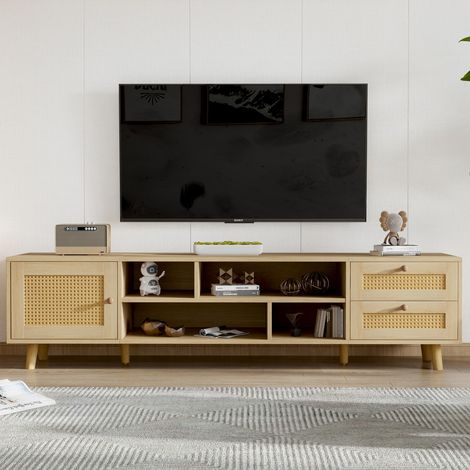 Meuble TV en rotin bois premium-2 tiroirs et 1 porte-Gestion des câbles-Pour téléviseur 70"-160x39x40(cm) (1/5)