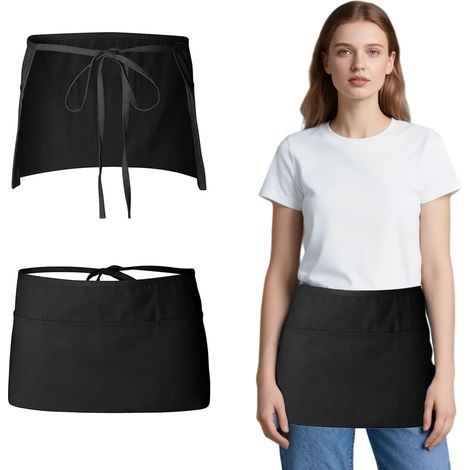 Conjunto de delantal de 2 piezas, delantal corto con 3 bolsillos, delantal de cocina para camareros, chefs, restaurantes, panaderías, bares, barbacoas, negro. (1/5)