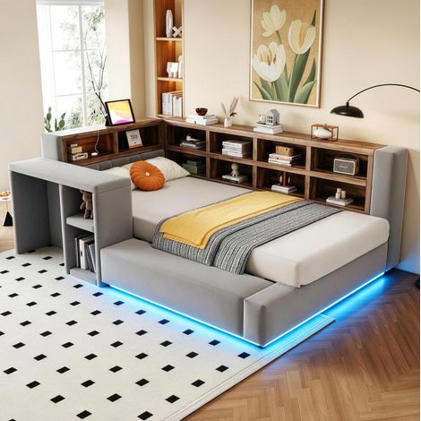 Cama tapizada 90x200 cm, con almacenamiento escalonado, iluminación LED, enchufes integrados y mesa auxiliar, gris oscuro (1/5)