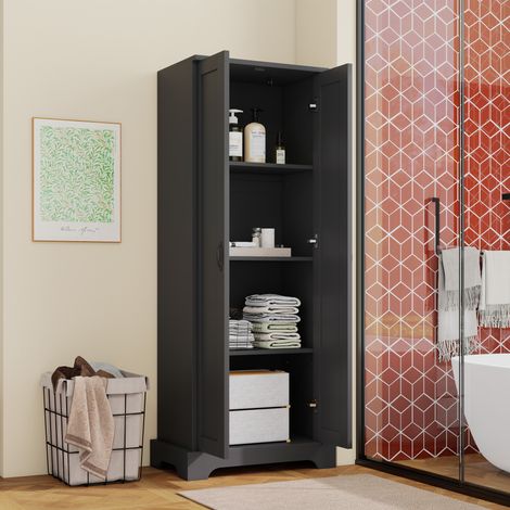 Mobile bagno alto moderno in MDF nero 56 x 40 x 170 cm, 2 ante, 4 ripiani regolabili, chiusura ammortizzata
