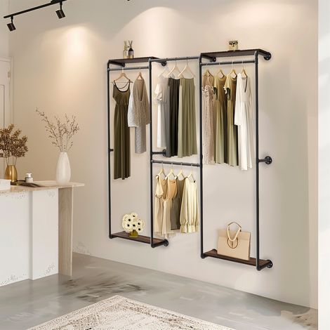 Industrial Pipe Clothes Rack Wall Hanging Clothing Garment Shelf