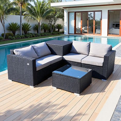 HOMAVO Salon de jardin 4 places 7 pièces en résine tressée, ensemble canapé extérieur avec table basse, coffre de rangement et housse de protection (1/5)