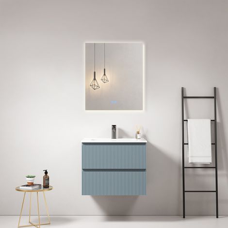 Mobile bagno sospeso cannettato 60 cm Blu Avio Lavabo in Ceramica Specchio Quadro Retroilluminato - Fiji Paint