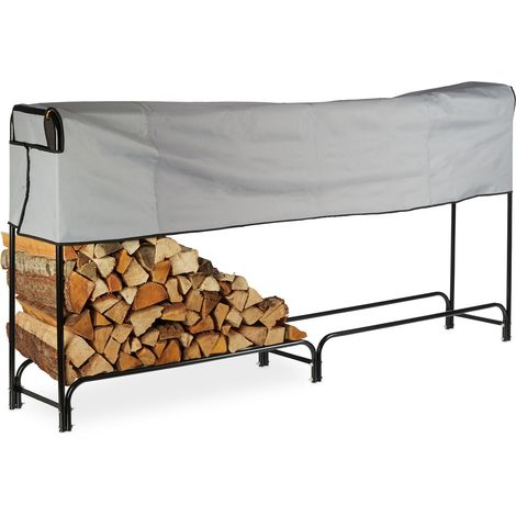 Relaxdays étagère à bois extra-large, bâche de protection, métal, HxLxP 122x245x40 cm, noir (1/5)
