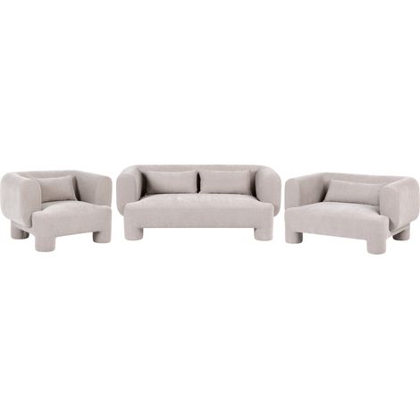 Conjunto de sala de estar sofá sillón tapizado de tela con textura aterciopelada patas cilíndricas estilo orgánico beige oscuro Hogbo