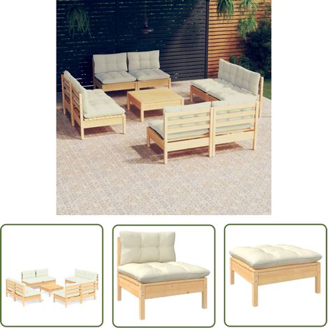 The Living Store 9-tlg. Garten-Lounge-Set mit Creme Kissen Kiefernholz - Gartenzubehör - Gartenloungeset - Kiefernholz Möbel - Outdoor Furniture - Gartenmöbel Set (1/5)