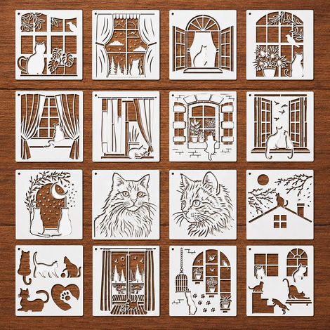 16 Pièces Pochoirs Chats, Motif Fenêtre Vintage Avec Chat Halloween, Pochoirs Réutilisables Pour Bois, Mur, Tissu, Déco DIY, Silhouette De Chat Effrayant, Pour Halloween, Fête (1/5)
