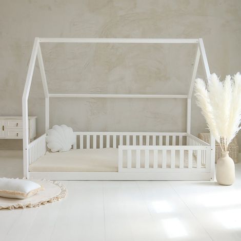 Cama cabaña 140x200 con barandilla y somier patas 1 cm Daisy Blanco (1/4)