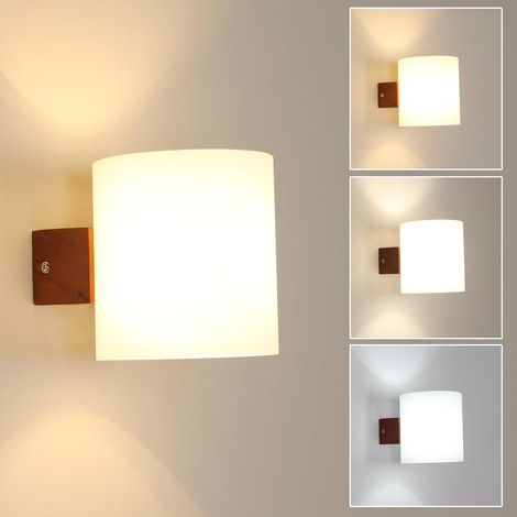 1 Applique Murale Bois, Ampoule E27 Tricolore, Abat-jour Verre, Intérieur Salon Chambre
