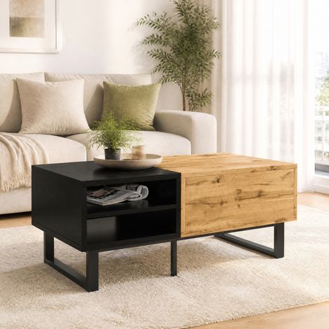 Mesa de centro con almacenaje, 3 compartimentos y cajón, 100 x 50 x 40 cm, madera y negro, HAVRYA (1/5)