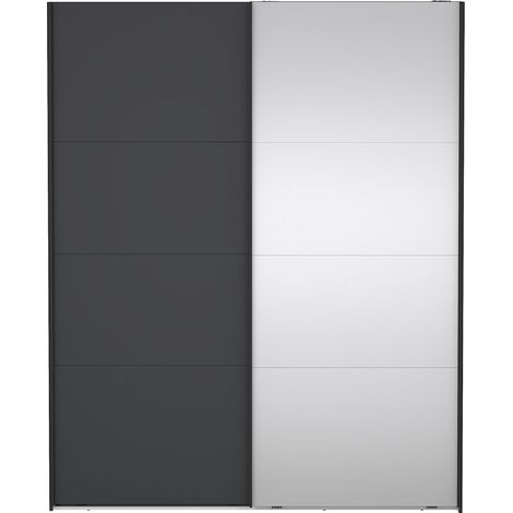 Catania Kleiderschrank 221x179x65cm, 1 Schiebetür, 1 Schiebetür mit Spiegel matt schwarz. (1/5)