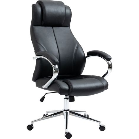Poltrona da ufficio su ruote con braccioli ergonomici in vera pelle nera e metallo cromato 100002642