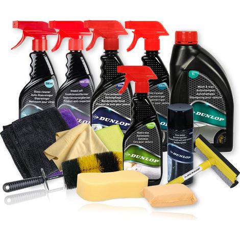 Kit Complet Nettoyage Extérieur Voiture Dunlop KNCE1 15 pièces - Shampoing, Jantes, Microfibres, Brosse, Éponges