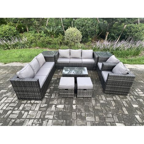 Fimous Outdoor Lounge Sofa Set Wicker PE Rattan Garden Furniture Set with 2 Armchairs Oblong Coffee Table 2 Side Tables 2 Small Footstools Dark Grey Mixed (1/5)