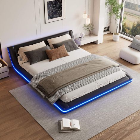 Lit double 160x200 cm, sommier à lattes, LED 12 couleurs, USB avec charge sans fil, rangement, cadre PU noir, sans matelas (1/5)