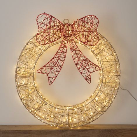 50cm Gold Light Up Christmas Wreath with 600 LEDs, Timer & Red Bow (1/5)