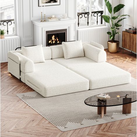 Poltrona letto 1 posto beige in ciniglia con vano nel bracciolo, struttura in acciaio e base antiscivolo (1/5)