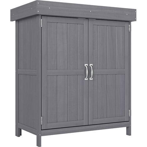 Armoire de jardin sur pieds, double porte, étagère et toit bitumé relevable, dimensions 74x43x88 cm, bois massif en pin. (1/5)