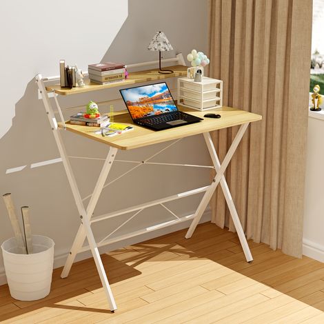 Petite table pliante,80x50x107cm,Bureau d'ordinateur pliable à 2 niveaux avec étagère (1/5)