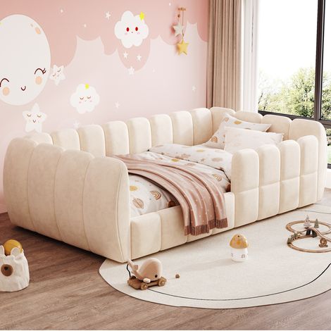Cama infantil 90x200 cm - Cama a ras de suelo - Con marco tapizado y bordes redondeados - En terciopelo - Beige (1/4)