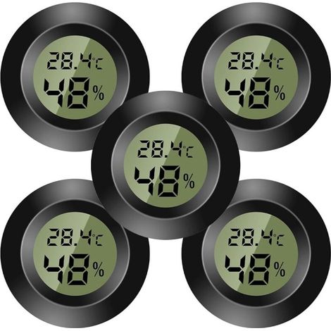 Lot de 5 mini thermomètres numériques - Moniteur de température et d'humidité - Hygromètre - Pour chambre d'enfant, incubateur de guitare, reptiles, serres de voiture - Noir (1/5)